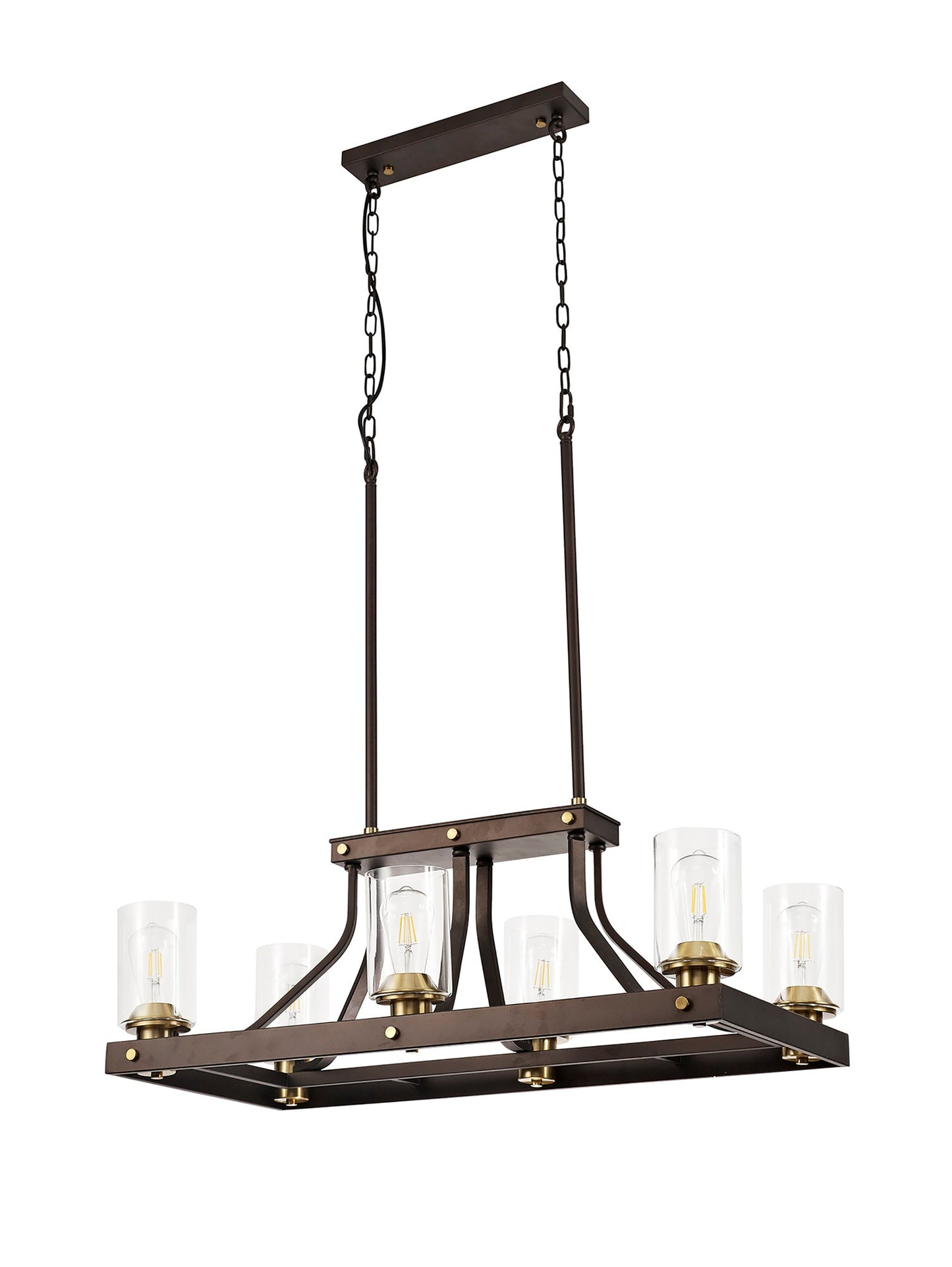 Roebuck Linear Pendant 6 Light E27, Brown Oxide and Bronze With Clear Glass Shades