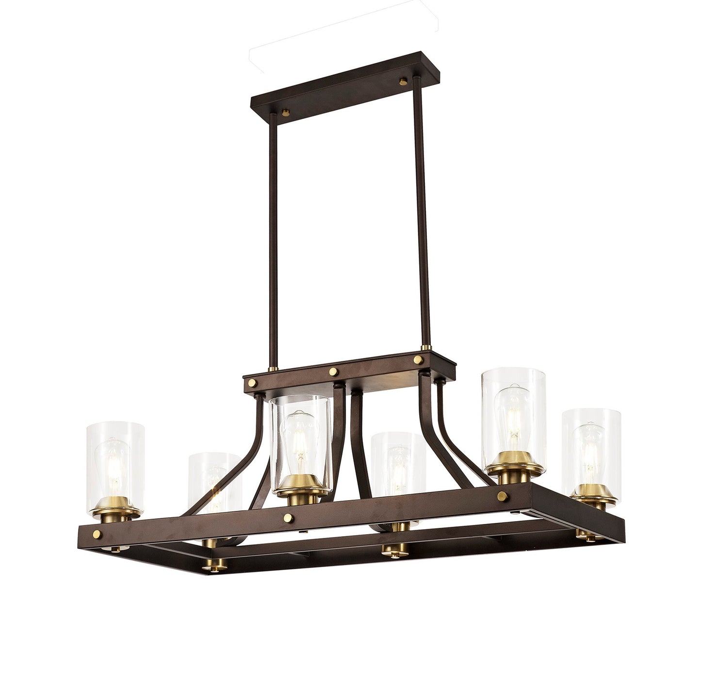 Roebuck Linear Pendant 6 Light E27, Brown Oxide and Bronze With Clear Glass Shades