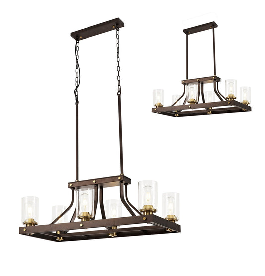 Roebuck Linear Pendant 6 Light E27, Brown Oxide and Bronze With Clear Glass Shades