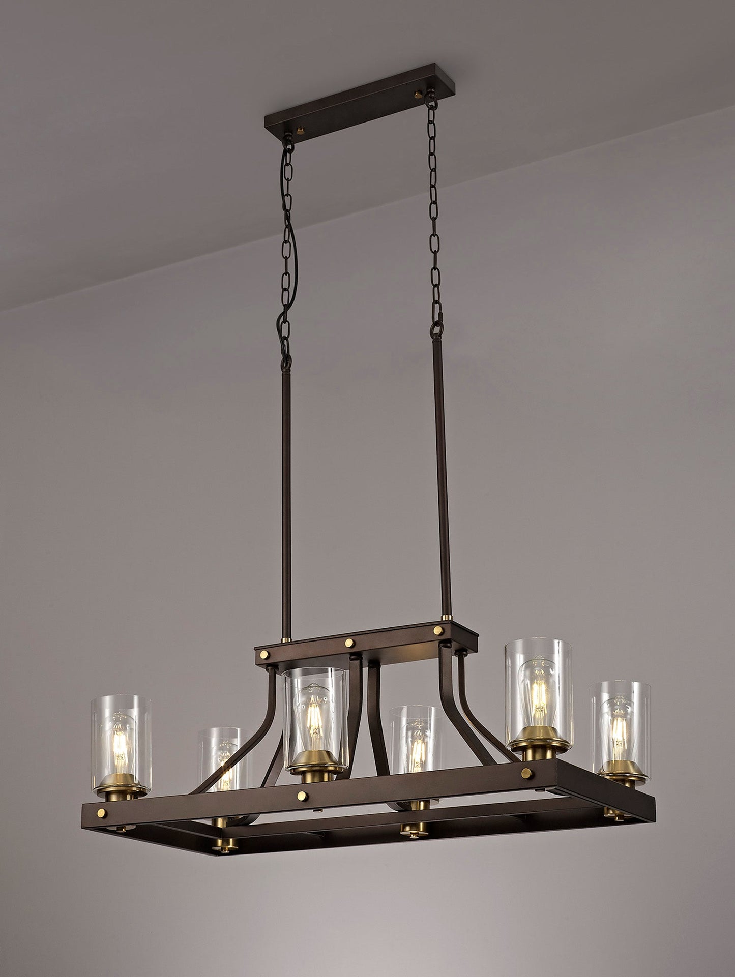 Roebuck Linear Pendant 6 Light E27, Brown Oxide and Bronze With Clear Glass Shades
