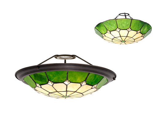 Saltney, Tiffany 35cm Non-Electric Uplighter Shade, Cream and Green and Clear Crystal Centre and Aged Antique Brass Trim