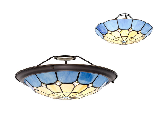 Saltney, Tiffany 35cm Non-electric Uplighter Shade, Cream and Rich Blue and Clear Crystal Centre and Aged Antique Brass Trim