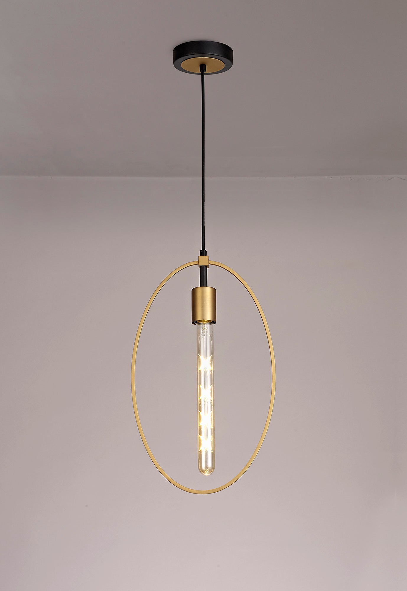 Sandbach Single Large Circle Pendant, 1 Light E27, Sand Gold and Matt Black