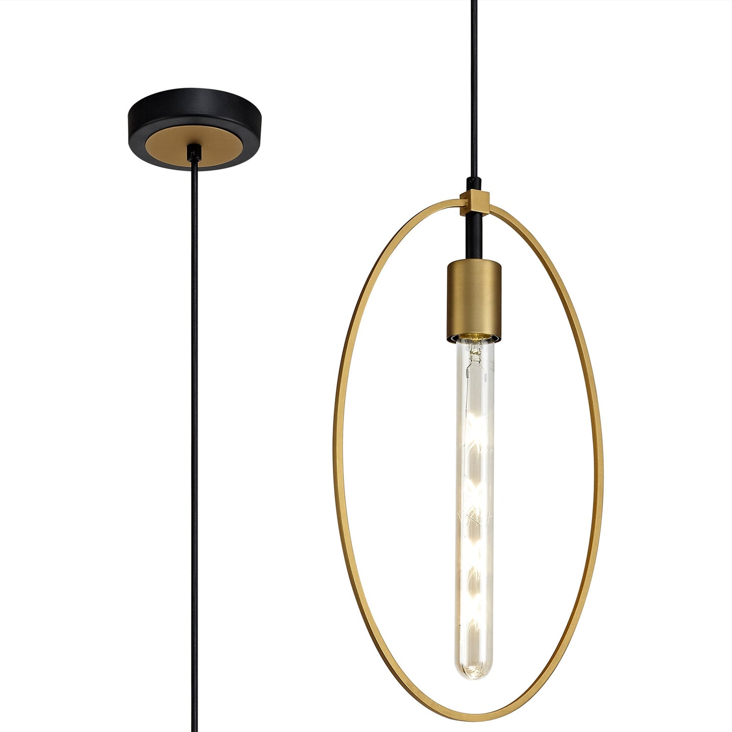 Sandbach Single Large Circle Pendant, 1 Light E27, Sand Gold and Matt Black