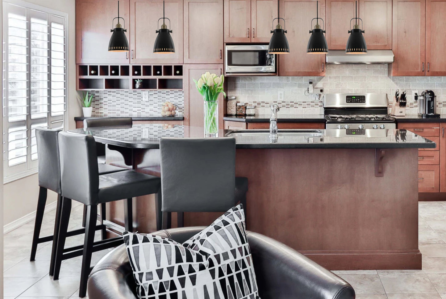 Snelson Linear Pendant, 3 x E27, Matt Black and Antique Brass and Khaki