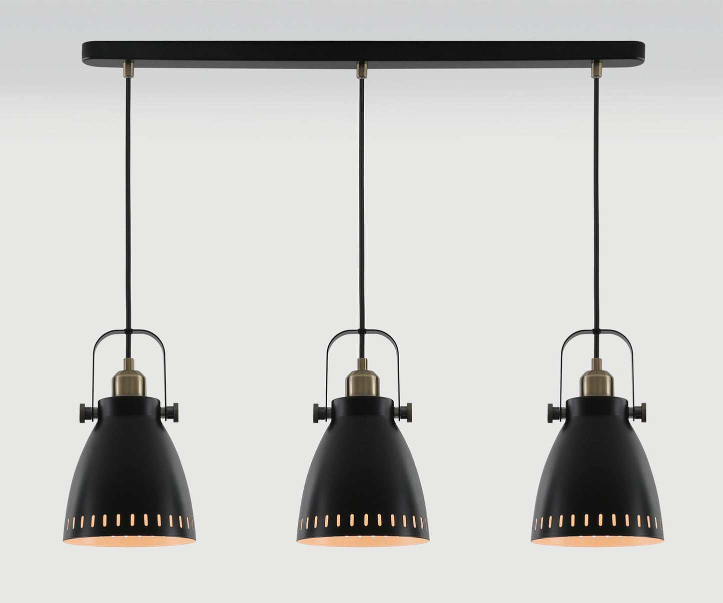 Snelson Linear Pendant, 3 x E27, Matt Black and Antique Brass and Khaki