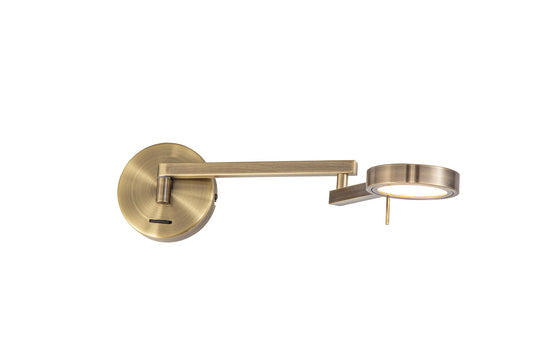 Somerford Switched Adjustable Swing Arm Wall Lamp  and  Reader, 1 x 8W LED, 3000K, Antique Brass, 3yrs Warranty