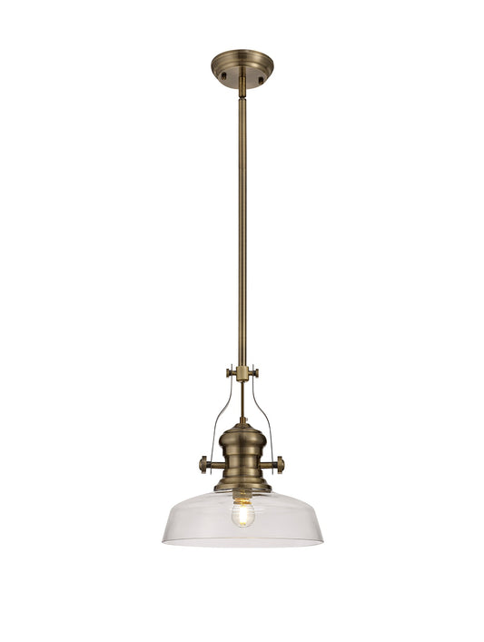 Stanley 1 Light Pendant E27 With 30cm Flat Round Glass Shade, Antique Brass and Clear