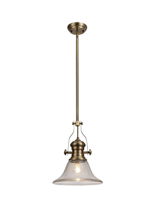 Stanley 1 Light Pendant E27 With 30cm Smooth Bell Glass Shade, Antique Brass and Clear