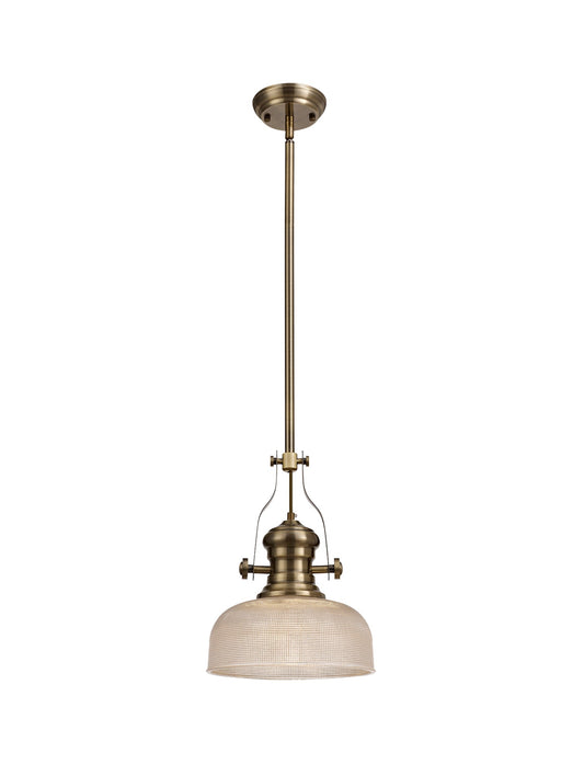 Stanley 1 Light Pendant E27 With 26.5cm Prismatic Glass Shade, Antique Brass and Clear