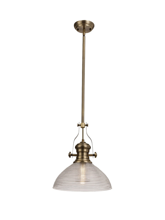 Stanley 1 Light Pendant E27 With 33.5cm Prismatic Glass Shade, Antique Brass and Clear