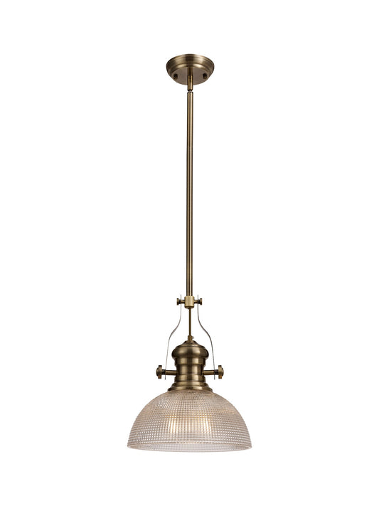 Stanley 1 Light Pendant E27 With 30cm Prismatic Glass Shade, Antique Brass and Clear