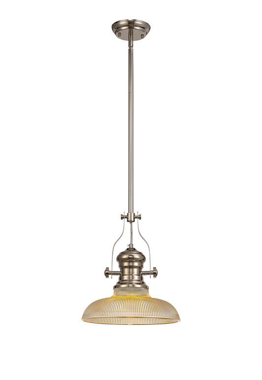 Stanley 1 Light Pendant E27 With 30cm Round Glass Shade, Polished Nickel and Amber