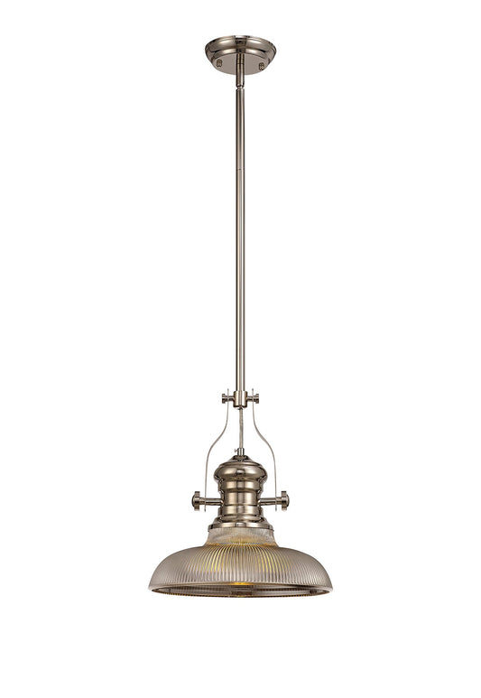 Stanley 1 Light Pendant E27 With 30cm Round Glass Shade, Polished Nickel and Smoked