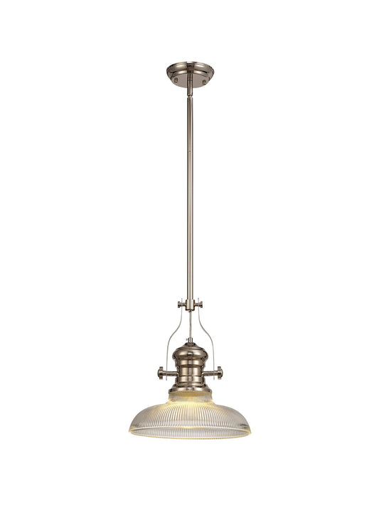 Stanley 1 Light Pendant E27 With 30cm Round Glass Shade, Polished Nickel and Clear