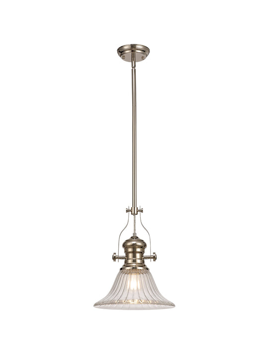 Stanley 1 Light Pendant E27 With 30cm Bell Glass Shade, Polished Nickel and Clear