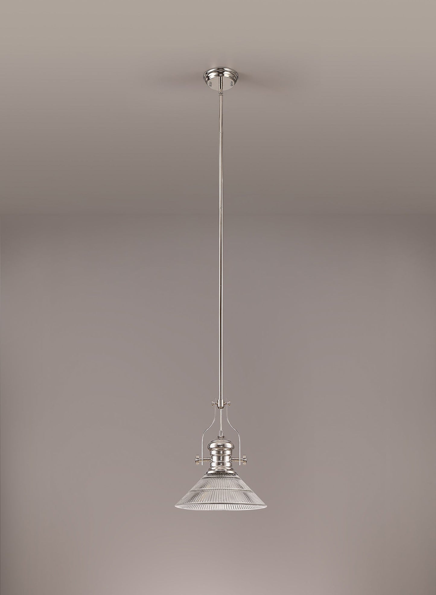 Stanley 1 Light Pendant E27 With 30cm Cone Glass Shade, Polished Nickel and Clear