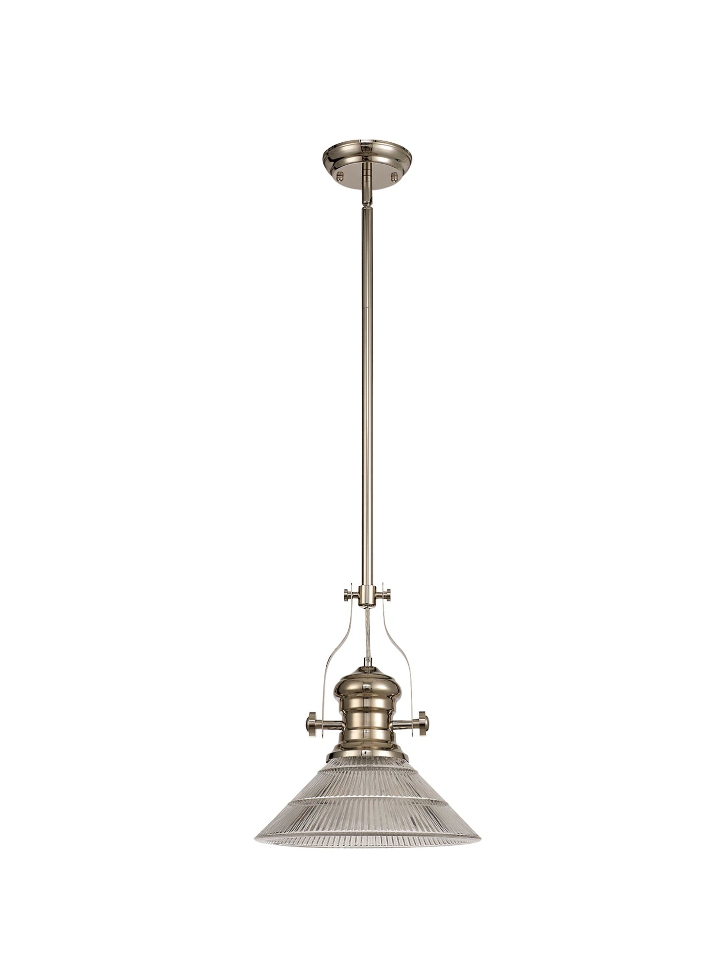 Stanley 1 Light Pendant E27 With 30cm Cone Glass Shade, Polished Nickel and Clear