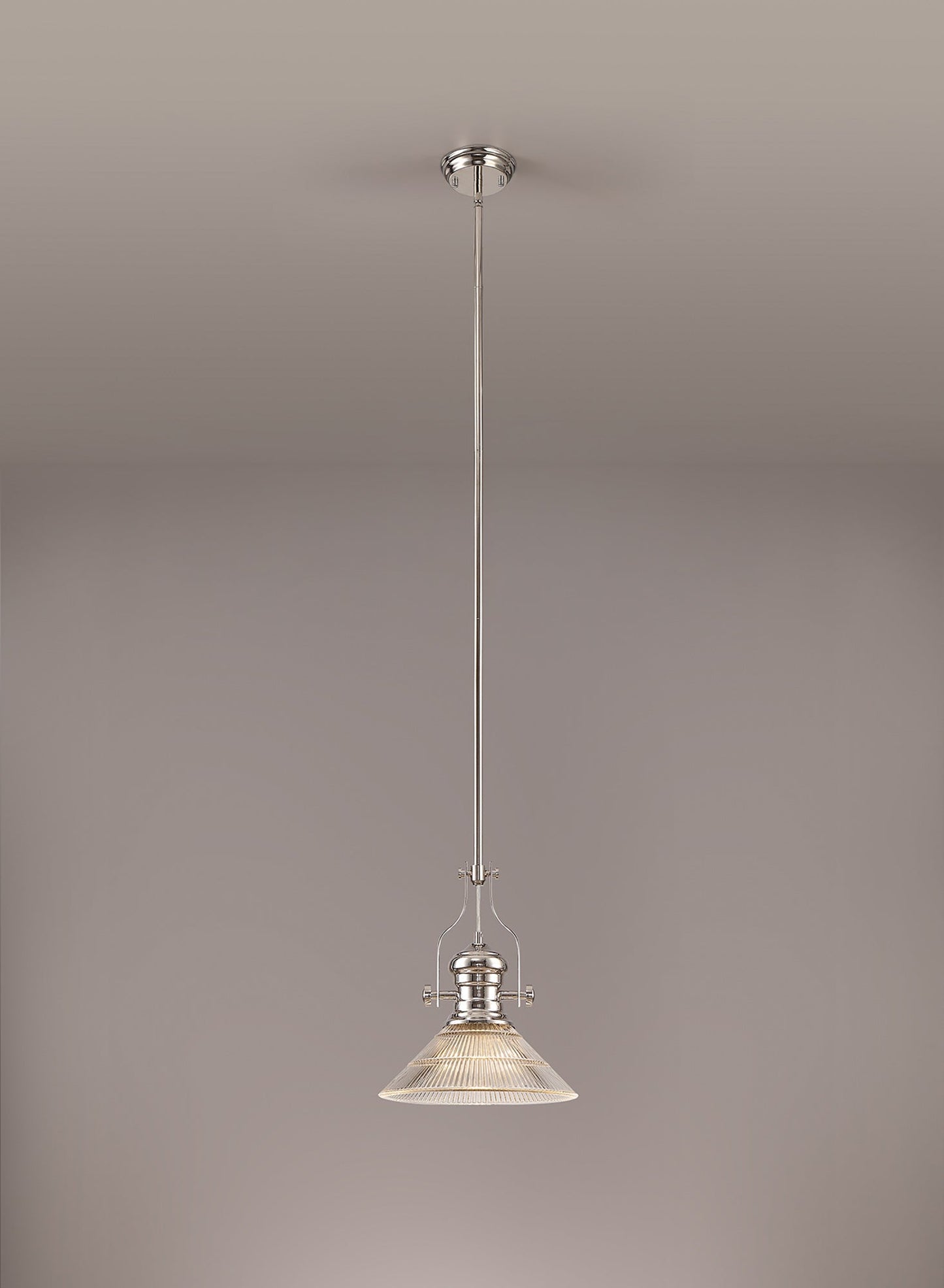 Stanley 1 Light Pendant E27 With 30cm Cone Glass Shade, Polished Nickel and Clear
