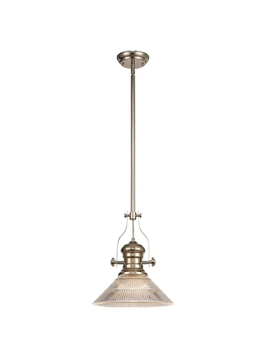 Stanley 1 Light Pendant E27 With 30cm Cone Glass Shade, Polished Nickel and Clear