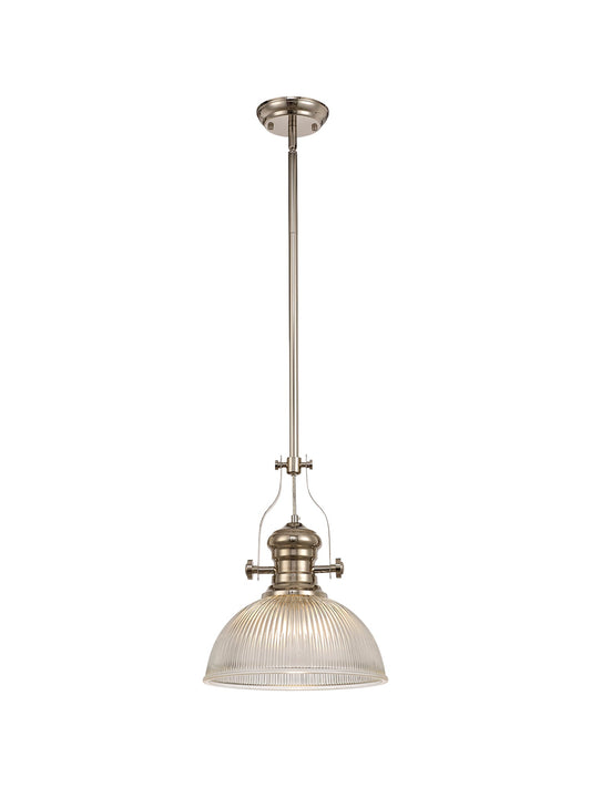 Stanley 1 Light Pendant E27 With 30cm Dome Glass Shade, Polished Nickel and Clear