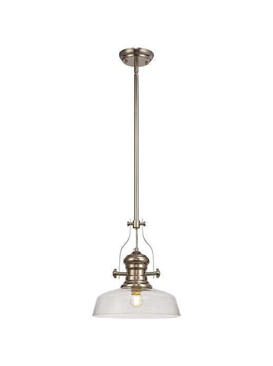 Stanley 1 Light Pendant E27 With 30cm Flat Round Glass Shade, Polished Nickel and Clear