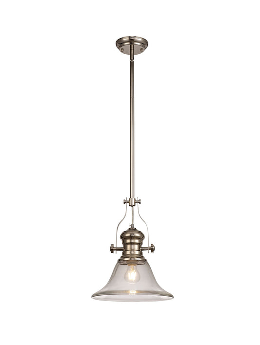 Stanley 1 Light Pendant E27 With 30cm Smooth Bell Glass Shade, Polished Nickel and Clear