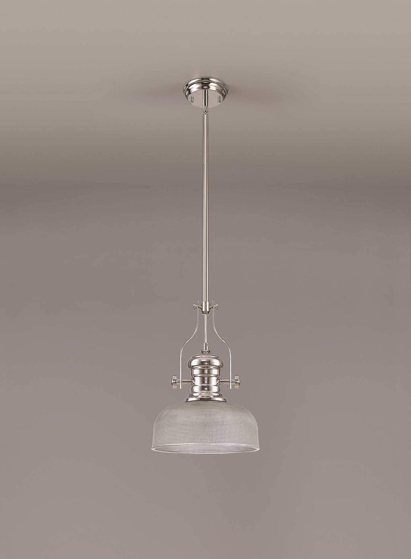 Stanley 1 Light Pendant E27 With 26.5cm Prismatic Glass Shade, Polished Nickel and Clear