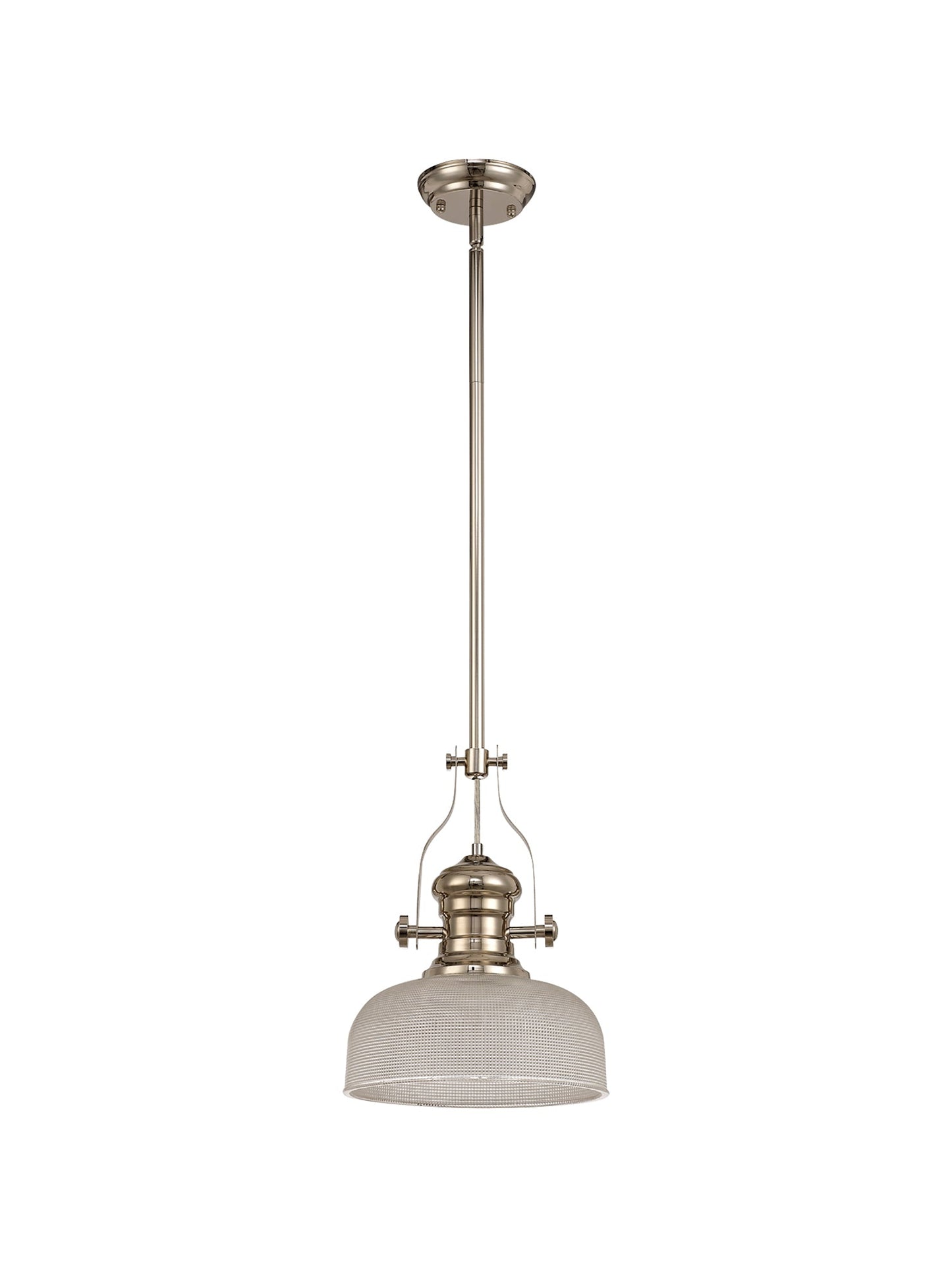Stanley 1 Light Pendant E27 With 26.5cm Prismatic Glass Shade, Polished Nickel and Clear