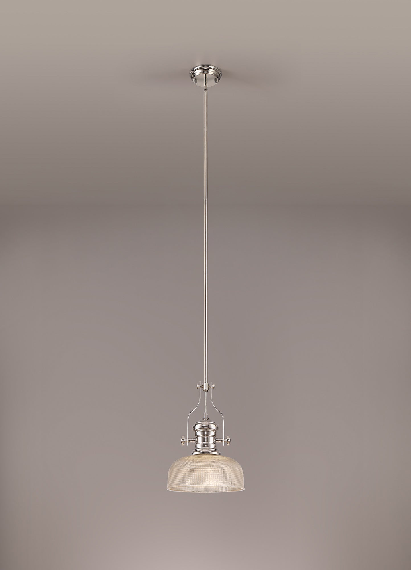 Stanley 1 Light Pendant E27 With 26.5cm Prismatic Glass Shade, Polished Nickel and Clear