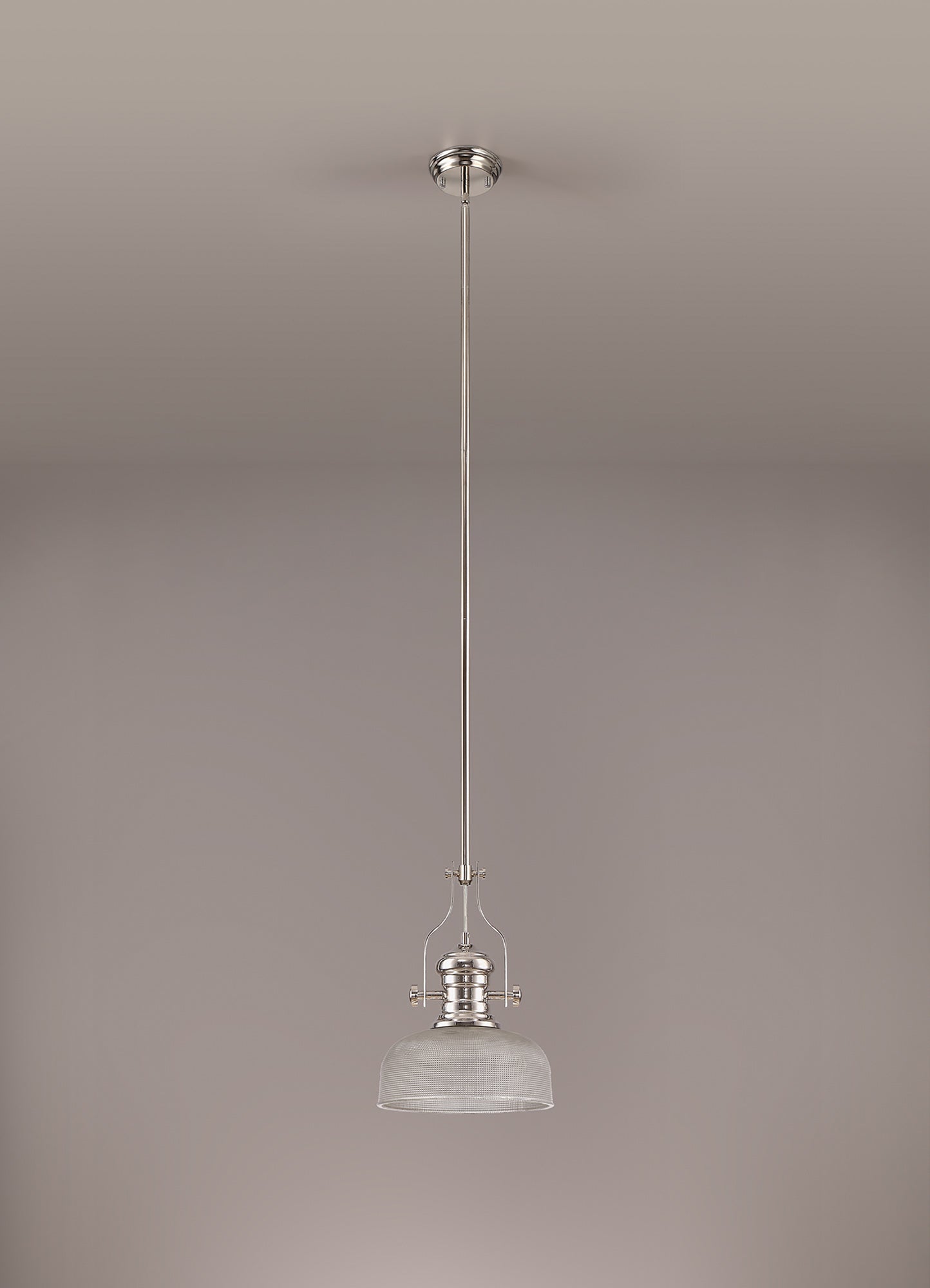 Stanley 1 Light Pendant E27 With 26.5cm Prismatic Glass Shade, Polished Nickel and Clear