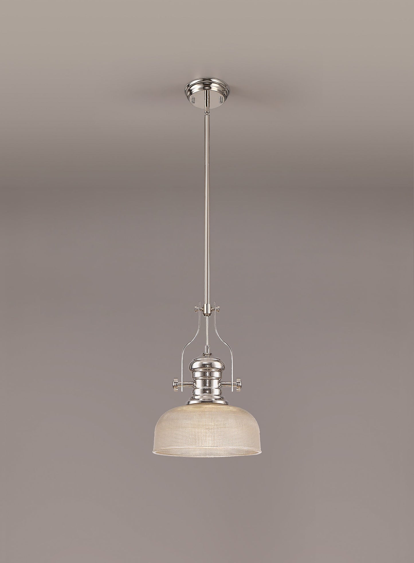 Stanley 1 Light Pendant E27 With 26.5cm Prismatic Glass Shade, Polished Nickel and Clear