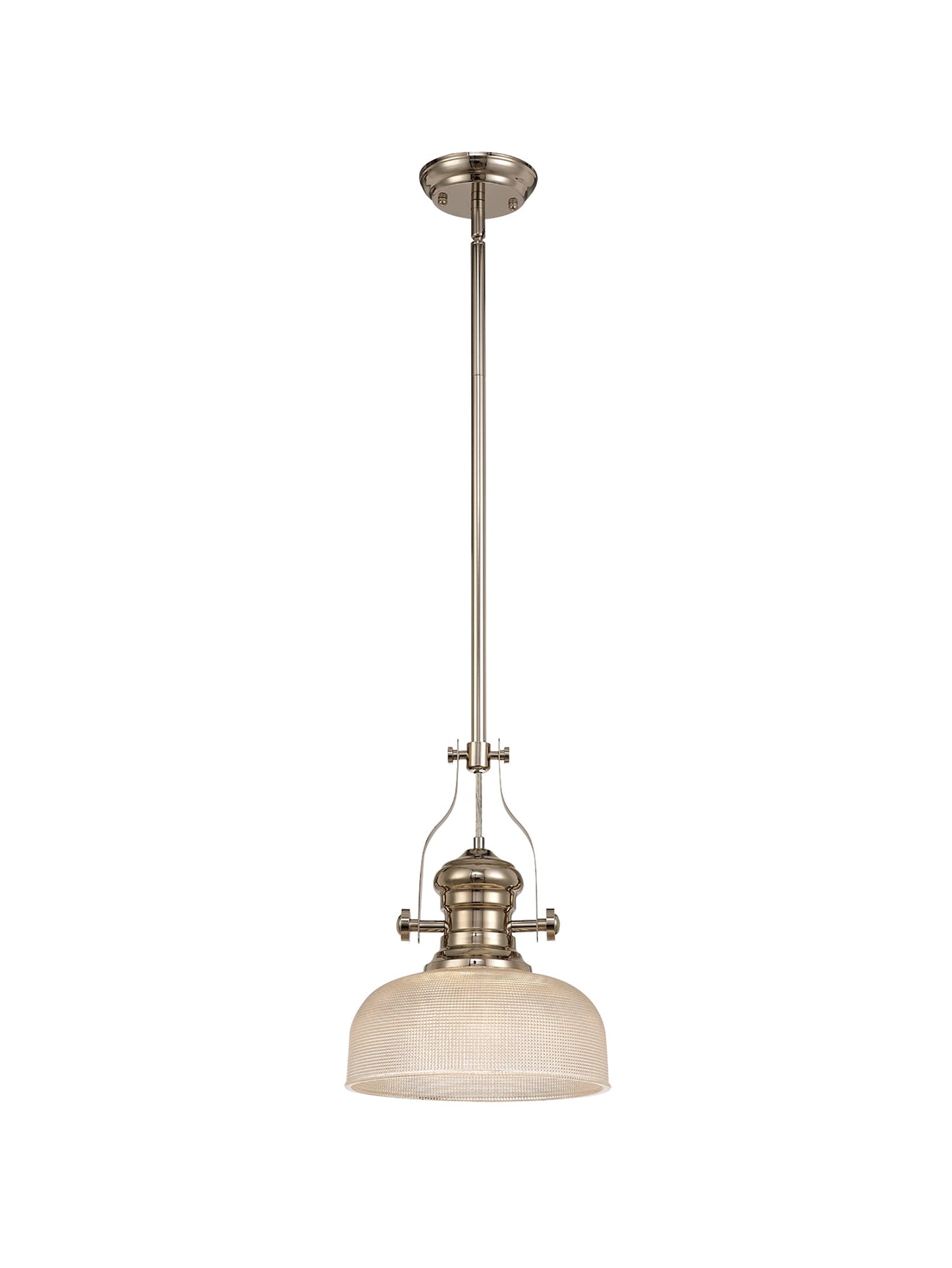 Stanley 1 Light Pendant E27 With 26.5cm Prismatic Glass Shade, Polished Nickel and Clear