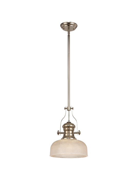 Stanley 1 Light Pendant E27 With 26.5cm Prismatic Glass Shade, Polished Nickel and Clear