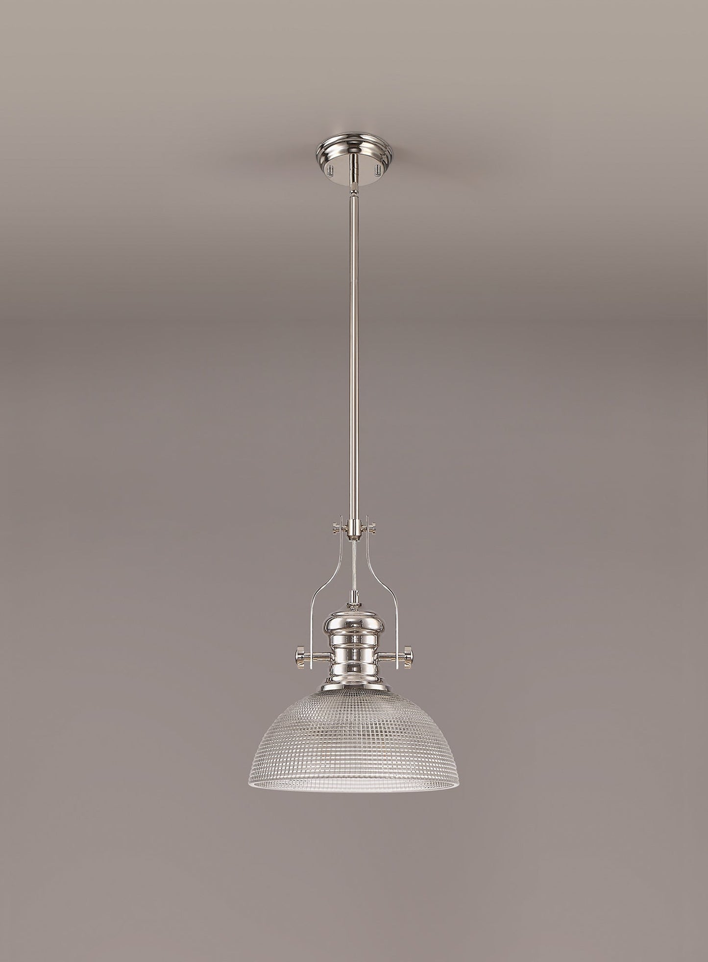 Stanley 1 Light Pendant E27 With 30cm Prismatic Glass Shade, Polished Nickel and Clear