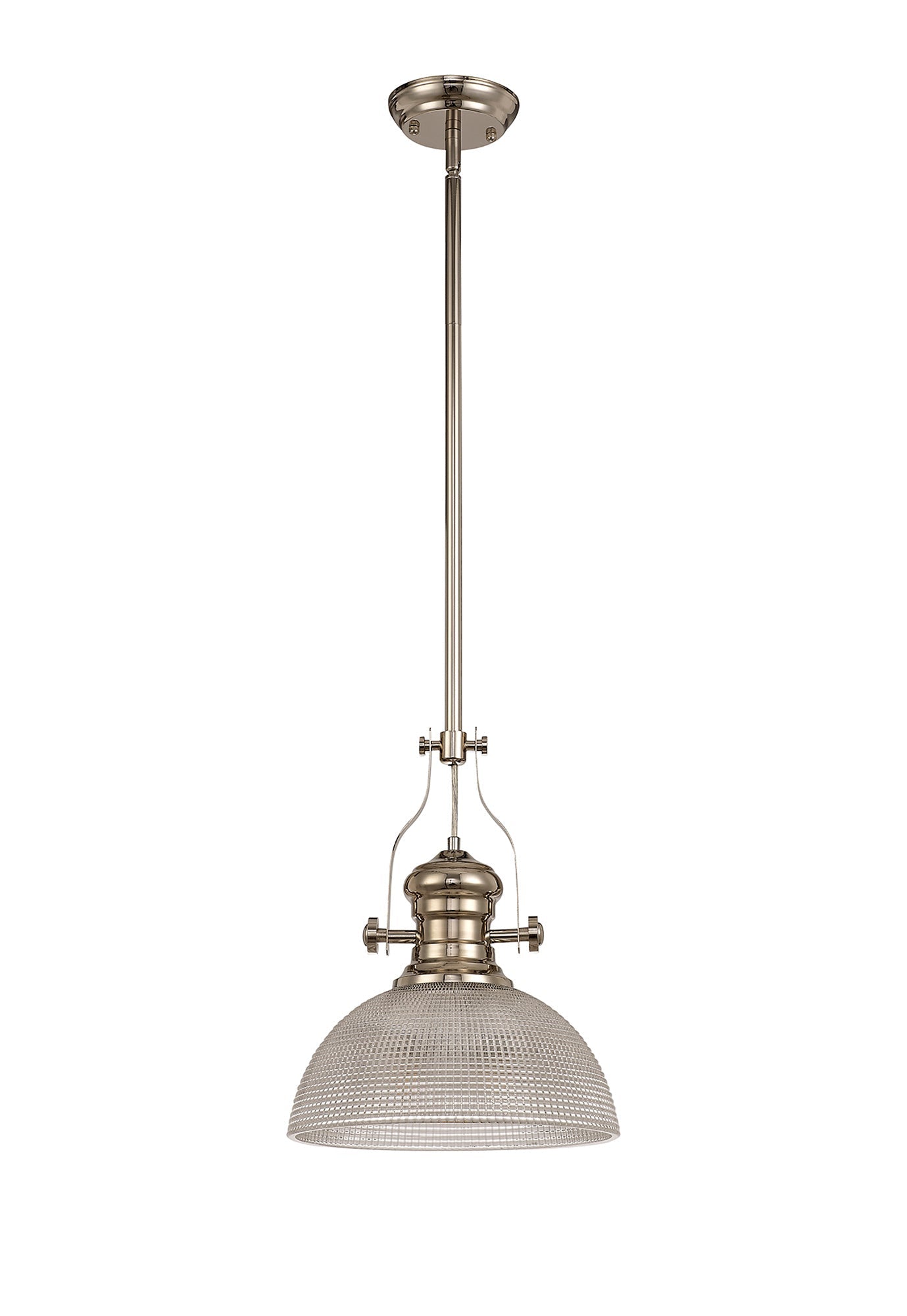 Stanley 1 Light Pendant E27 With 30cm Prismatic Glass Shade, Polished Nickel and Clear