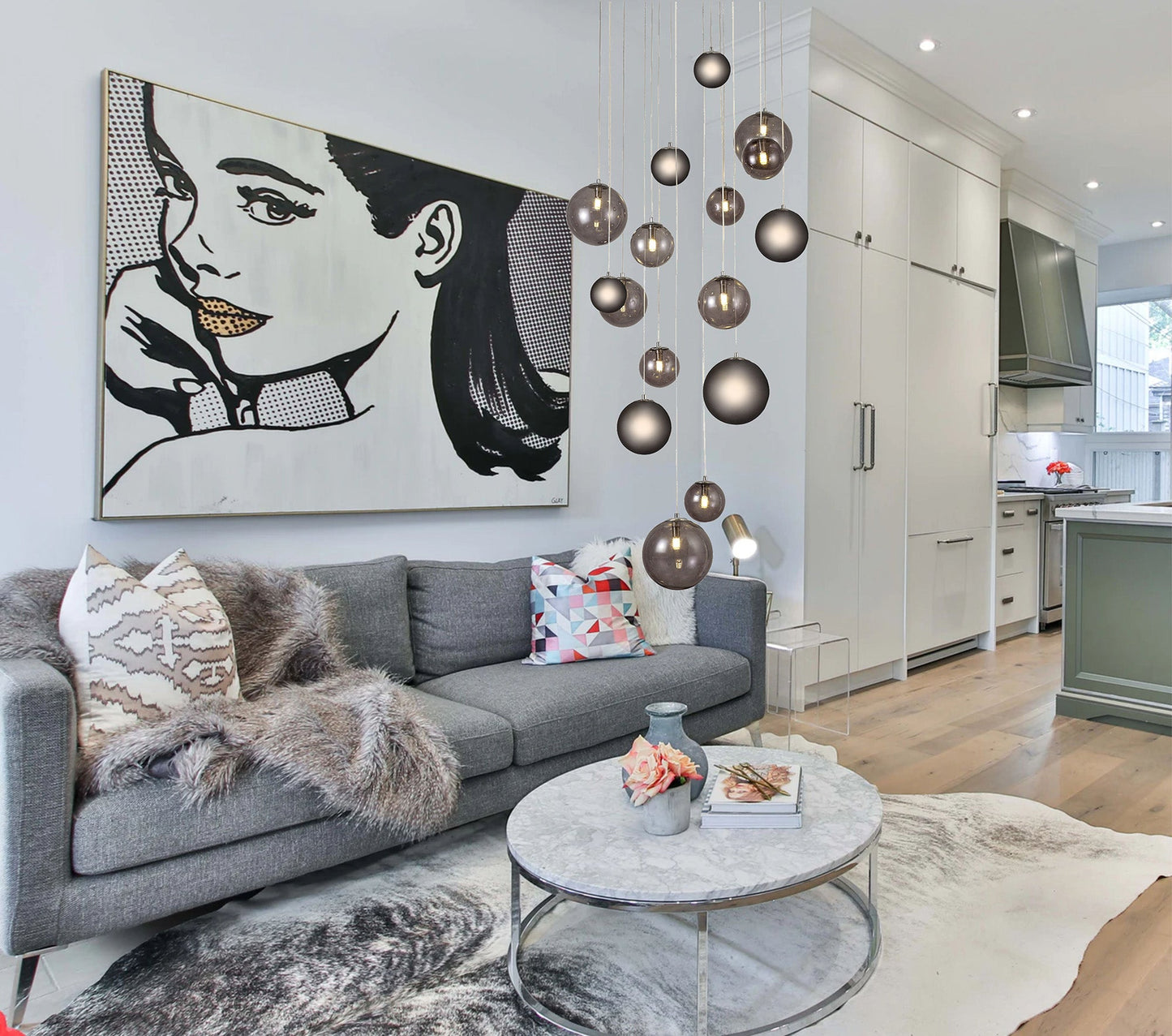 Stubbs Pendant, 16 x G9, Antique Copper and Opal & Copper Glass