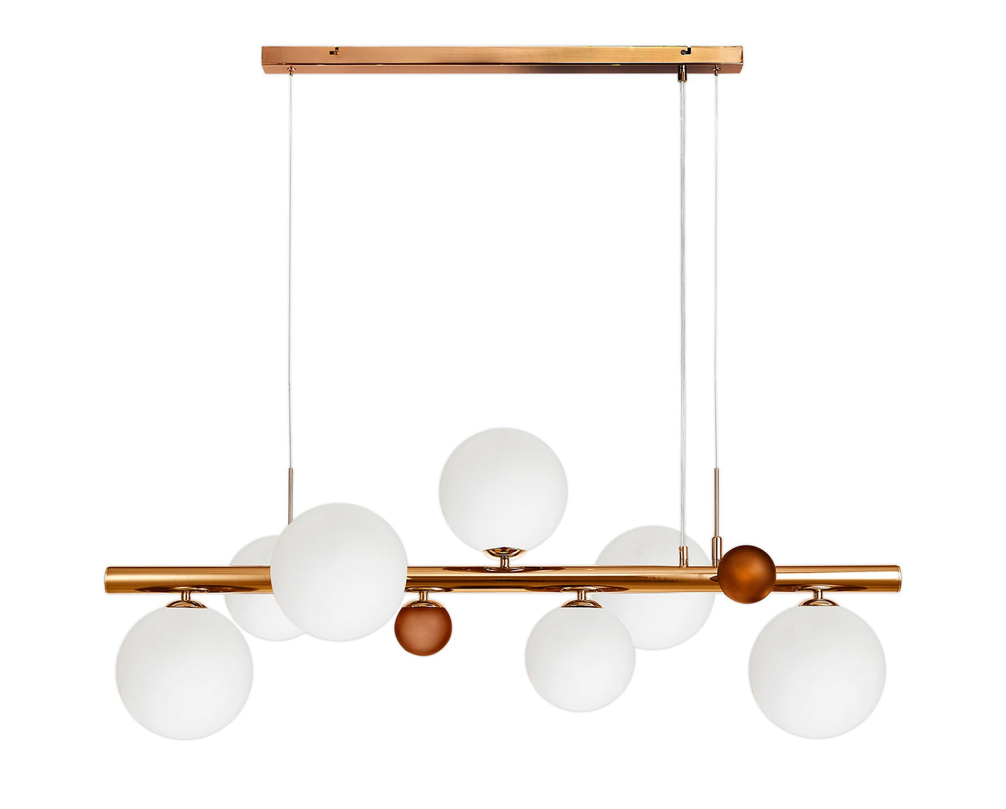 Stubbs Linear Pendant , 7 x G9, Antique Copper, Opal & Copper Glass