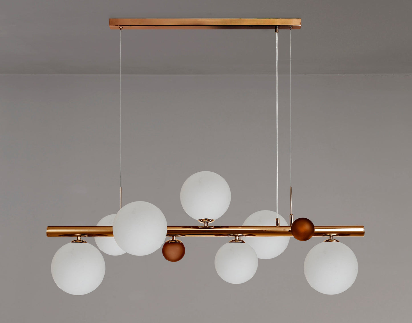 Stubbs Linear Pendant , 7 x G9, Antique Copper, Opal & Copper Glass