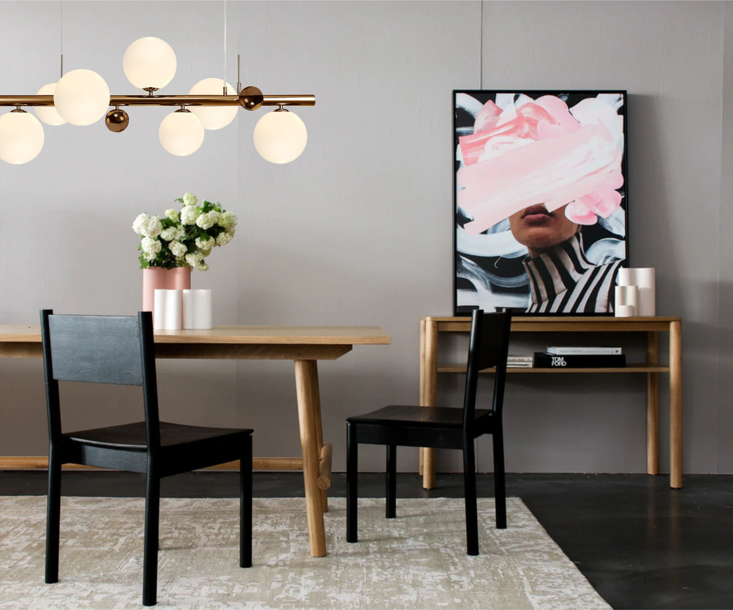 Stubbs Linear Pendant , 7 x G9, Antique Copper, Opal & Copper Glass