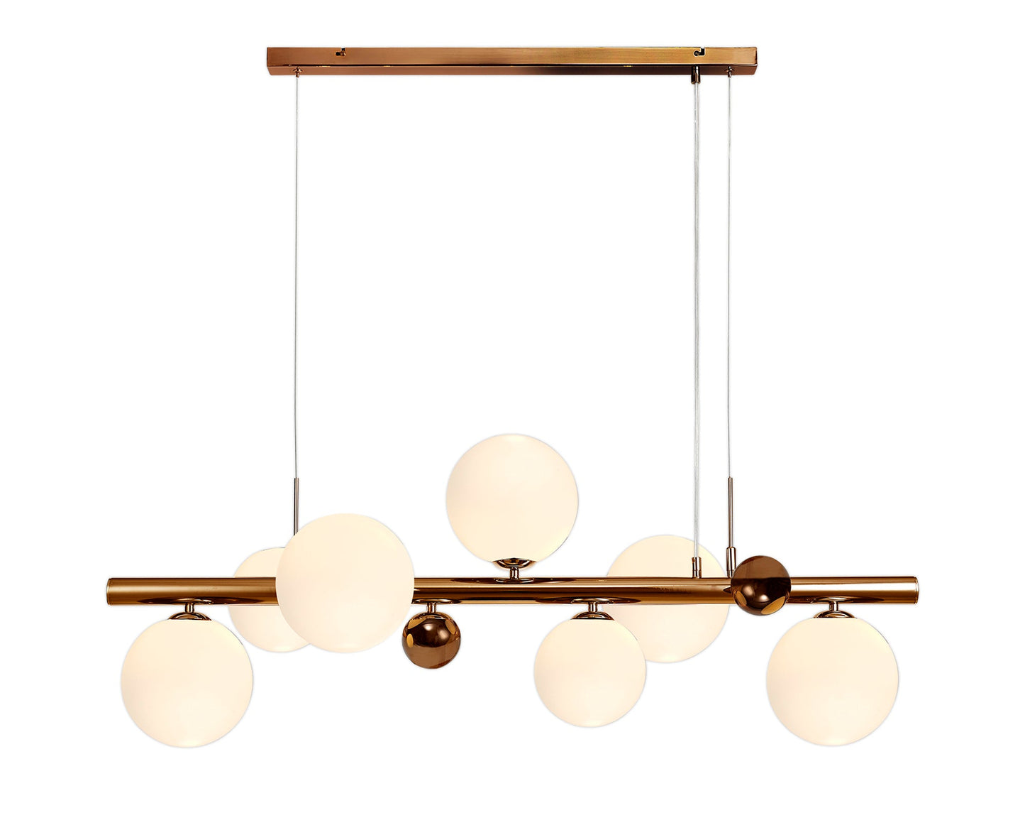 Stubbs Linear Pendant , 7 x G9, Antique Copper, Opal & Copper Glass