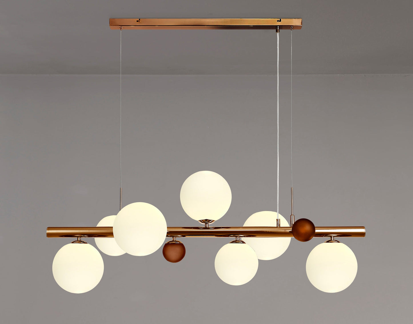 Stubbs Linear Pendant , 7 x G9, Antique Copper, Opal & Copper Glass
