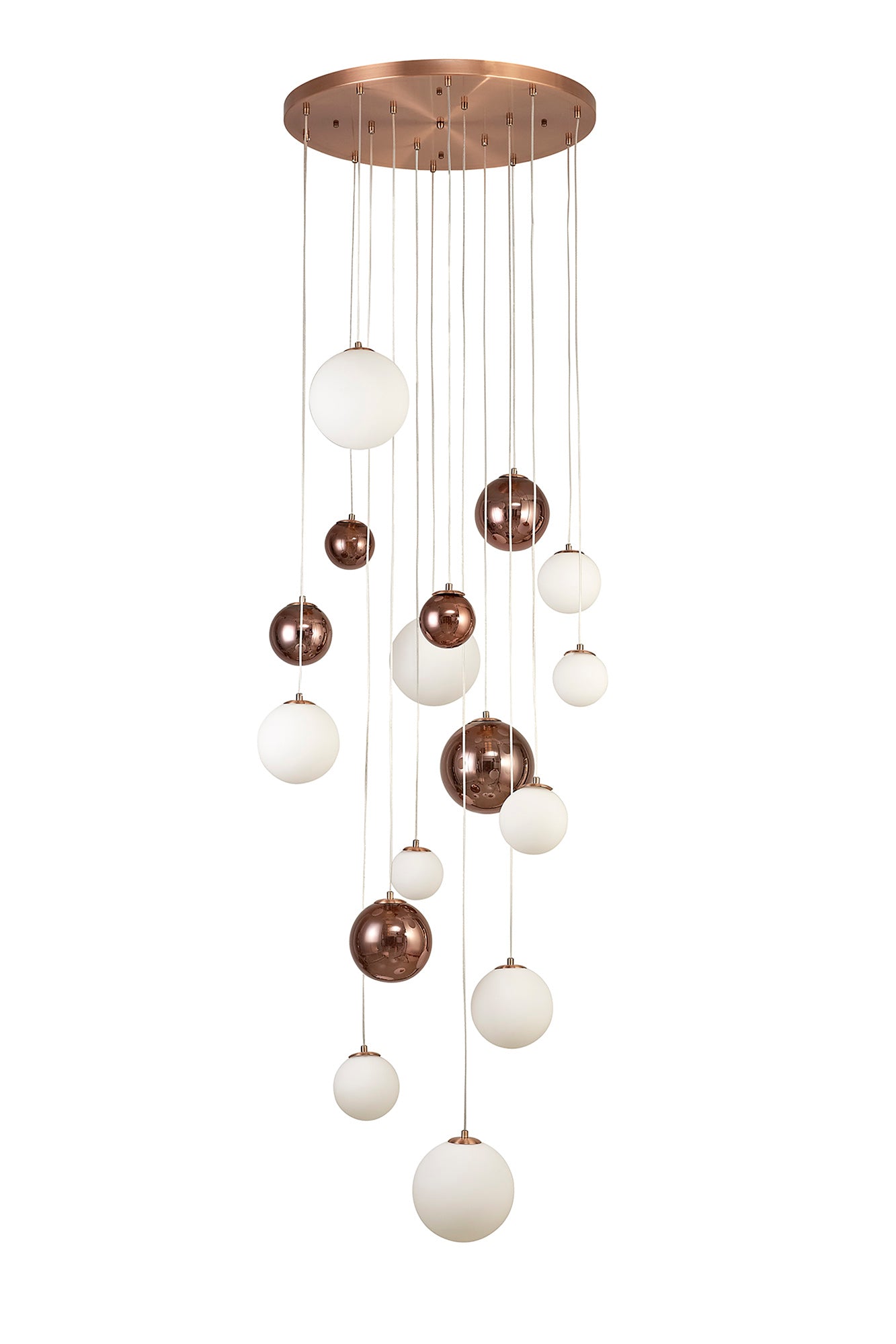 Stubbs Pendant, 16 x G9, Antique Copper and Opal & Copper Glass