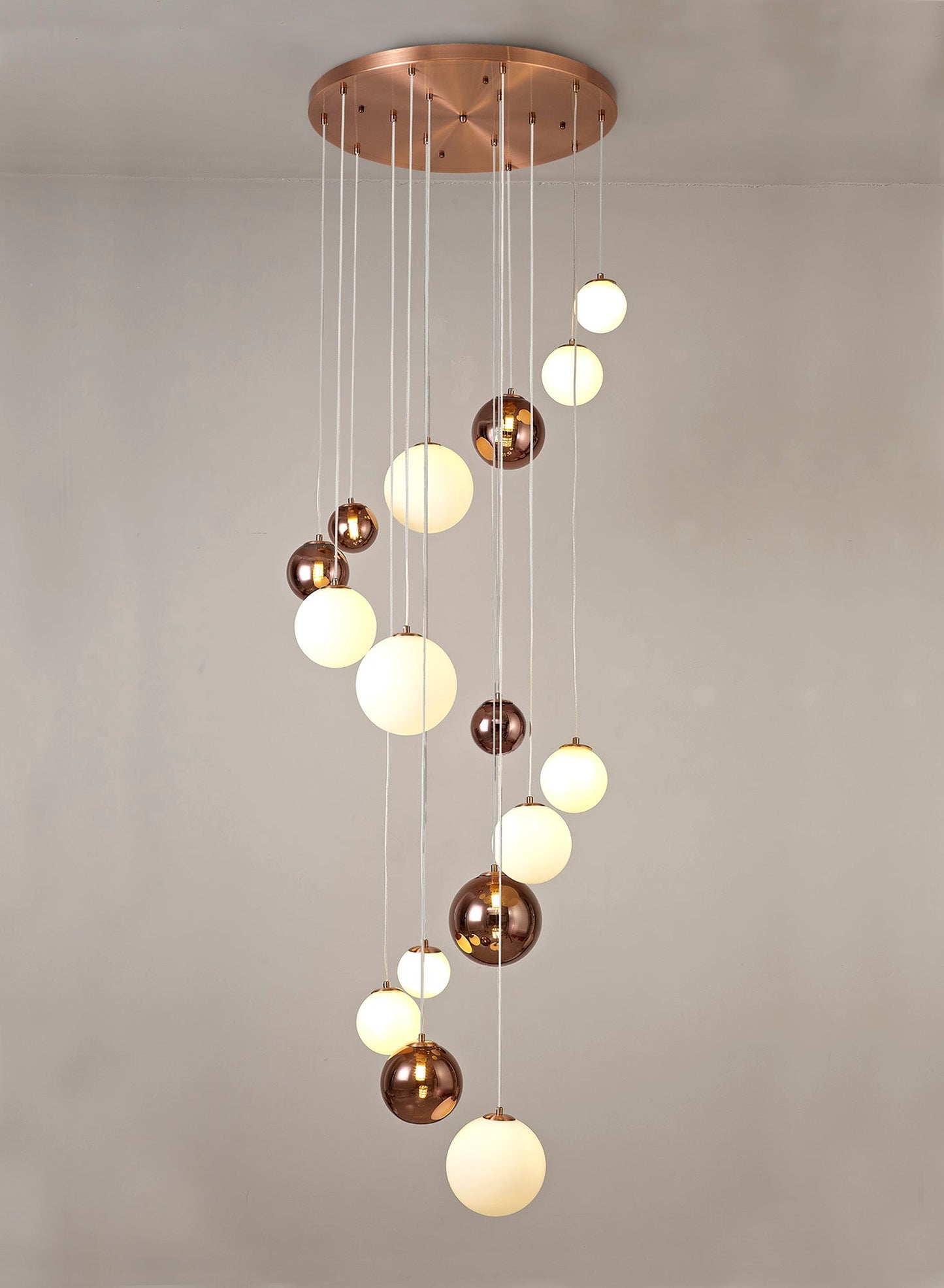 Stubbs Pendant, 16 x G9, Antique Copper and Opal & Copper Glass