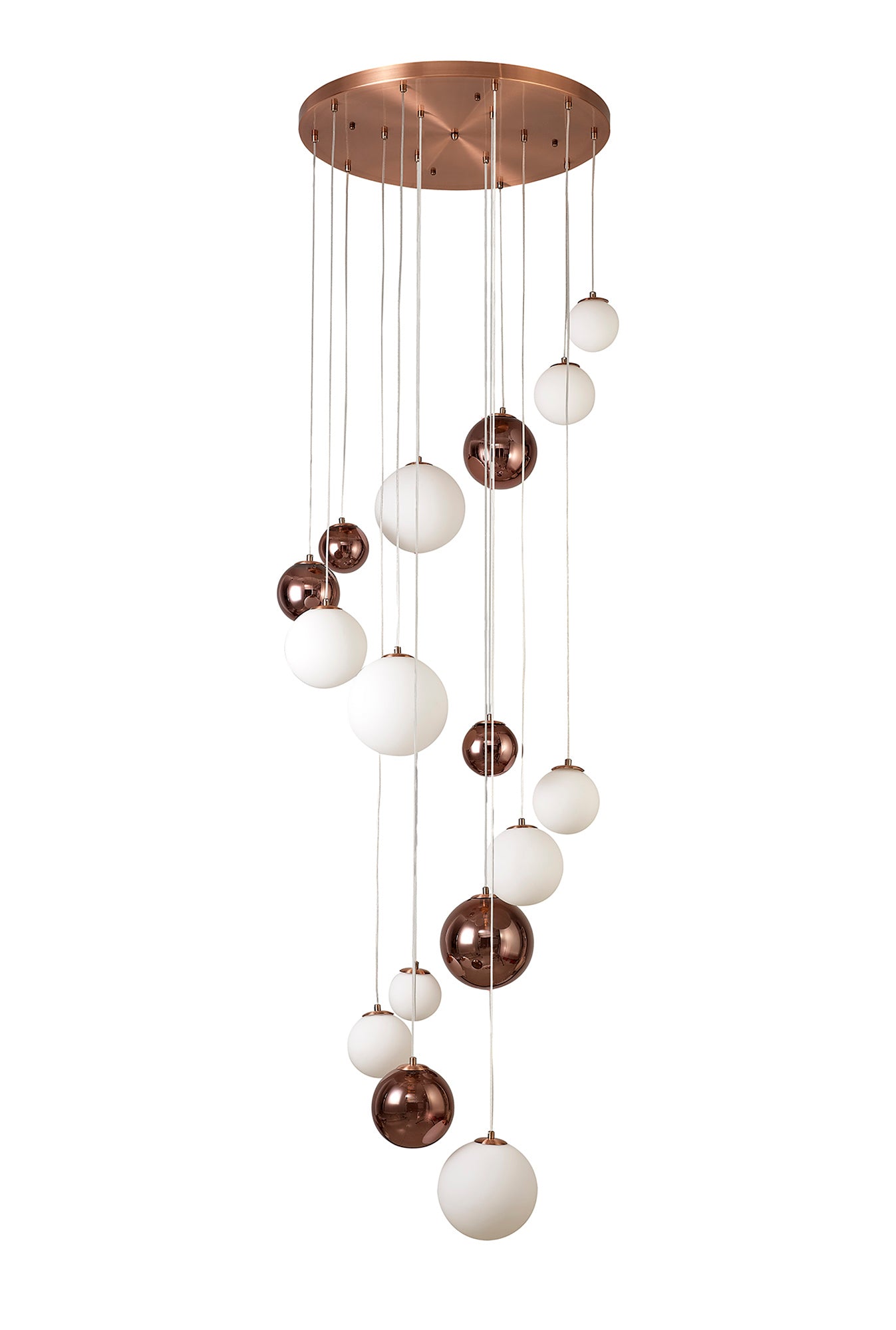 Stubbs Pendant, 16 x G9, Antique Copper and Opal & Copper Glass