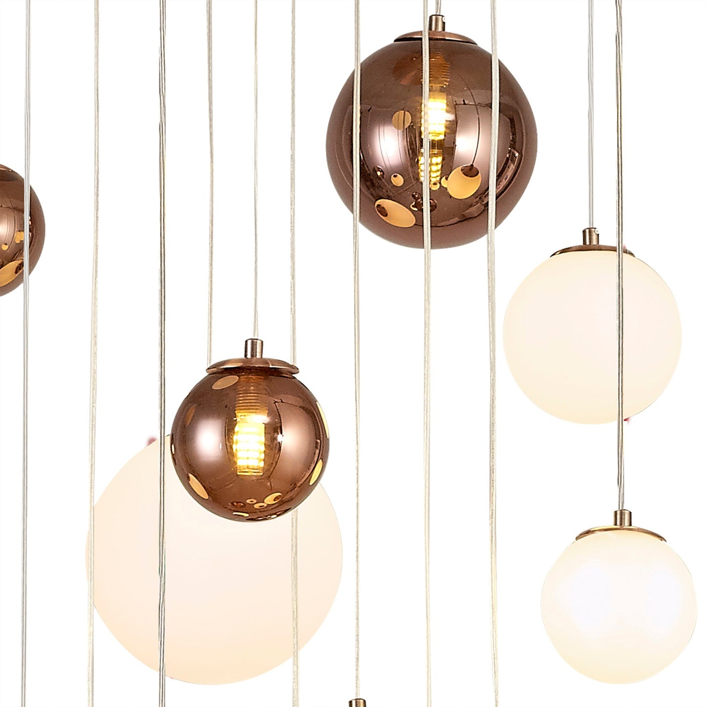 Stubbs Pendant, 16 x G9, Antique Copper and Opal & Copper Glass