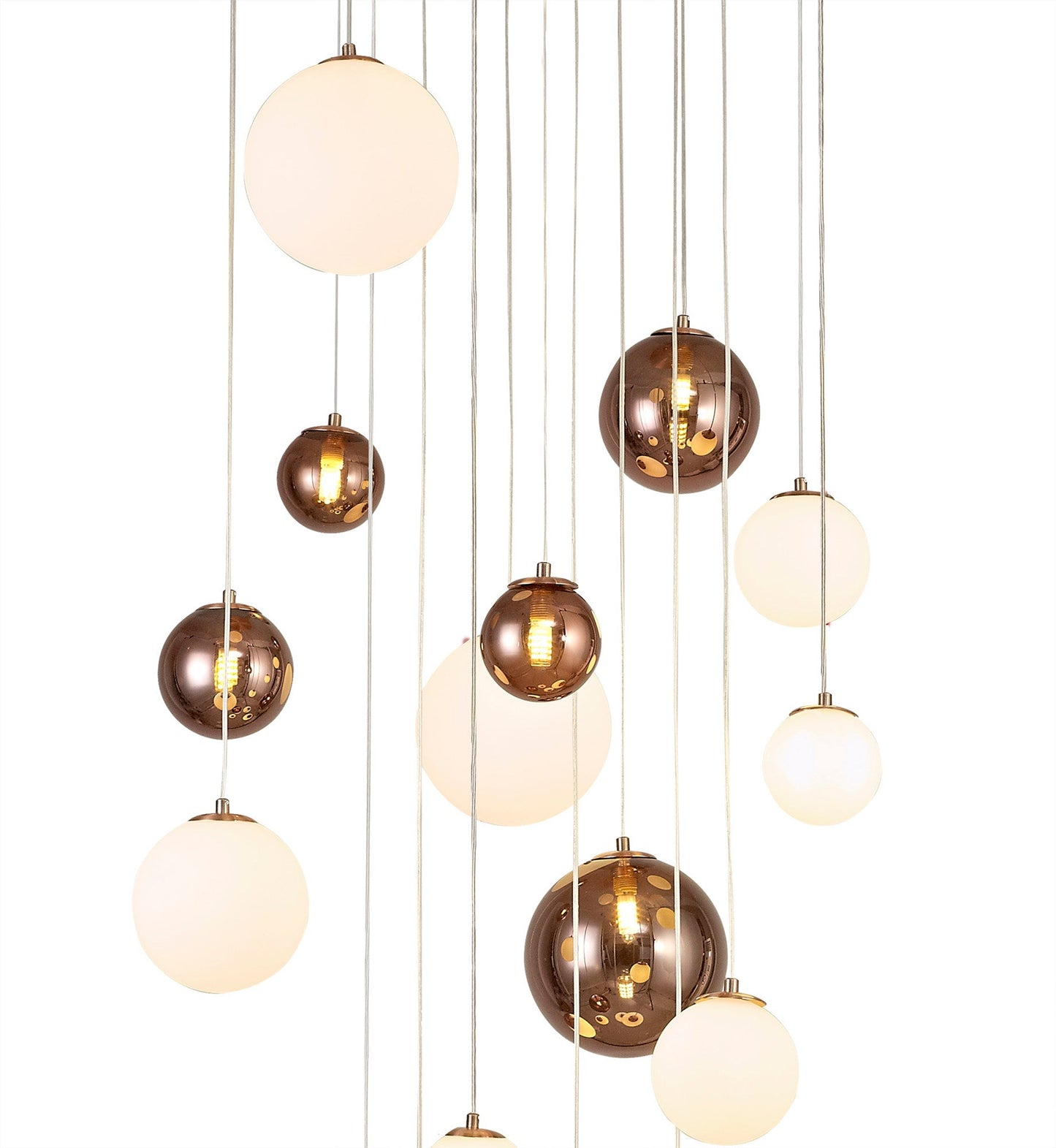 Stubbs Pendant, 16 x G9, Antique Copper and Opal & Copper Glass