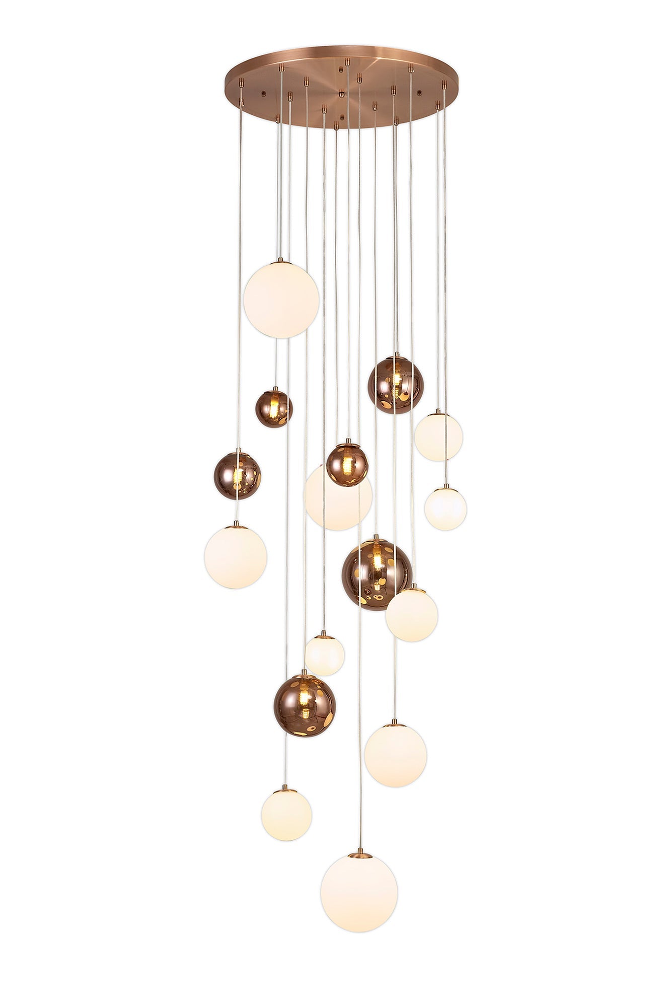 Stubbs Pendant, 16 x G9, Antique Copper and Opal & Copper Glass