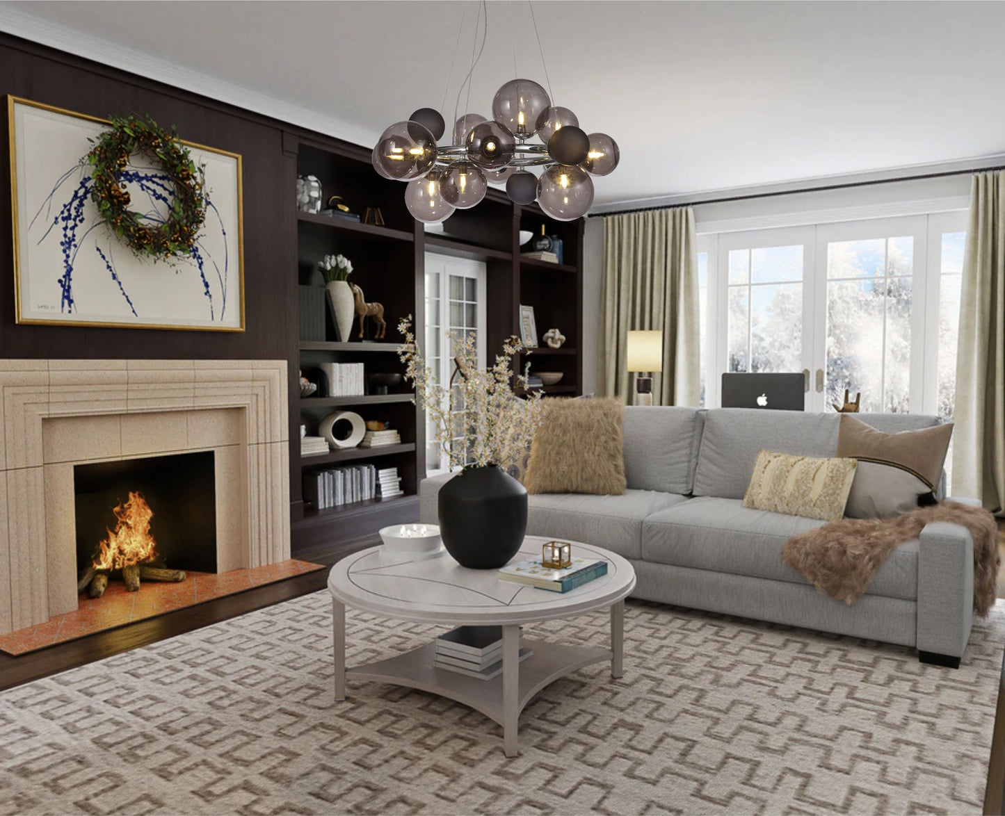 Stubbs Linear Pendant , 7 x G9, Antique Copper, Opal & Copper Glass