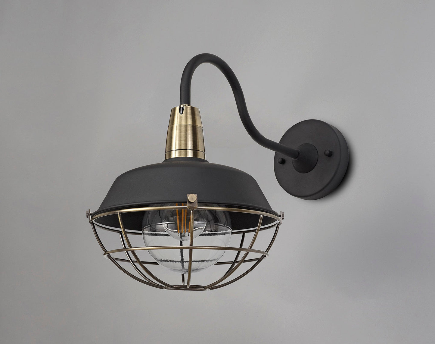 Sutton Wall Lamp, 1 Light E27, IP65, Matt Black and Antique Brass, 2yrs Warranty